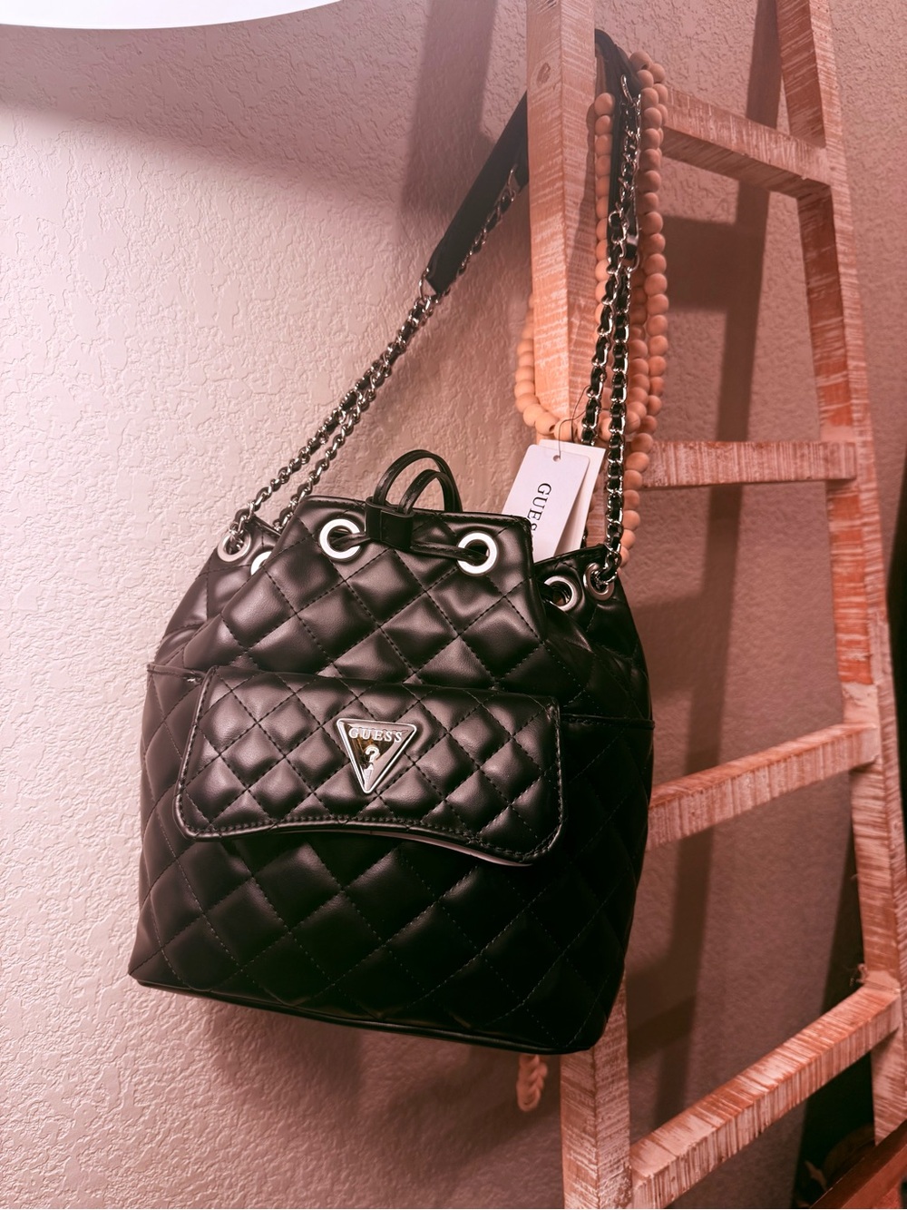 Guess Black Quilted Drawstring Backpack with Chain Straps